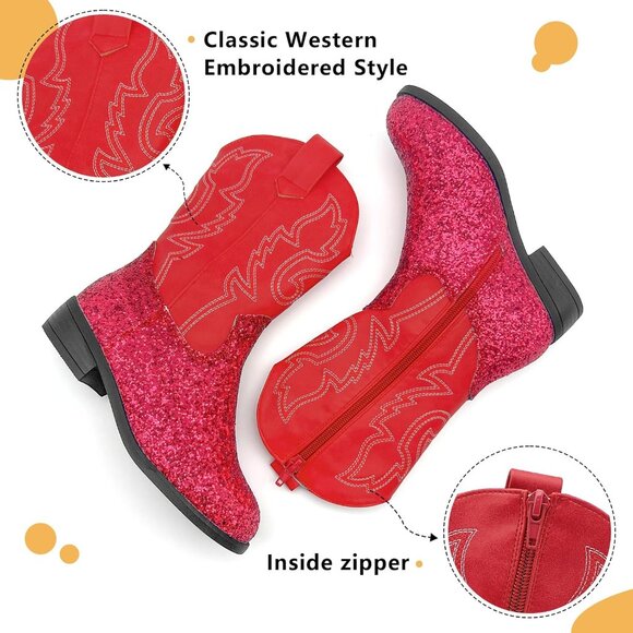 xinlanlin Kids Sequins Red Embroidered Square Toe Mid Calf Glitter Western Boot - Picture 5 of 6